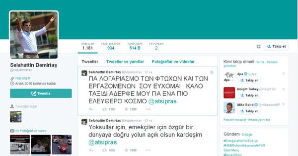 Demirta'tan Tsipras'a tebrik Tweet'i