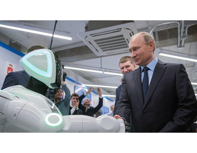 nsansz teknolojileri inceleyen Putin, Promobot adl robotla el skt