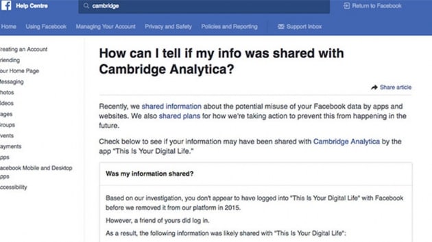 Facebook verilerinizin Cambridge Analytica'nn elinde olup olmadn gsteren uygulama