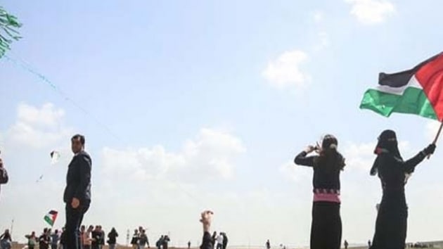 Bir grup srailli aktivist Gazze snrnda Filistin bayra tad  