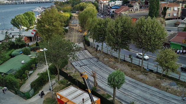 Eminn Alibeyky tramvay hatt inaatnda  son durum havadan grntlendi  