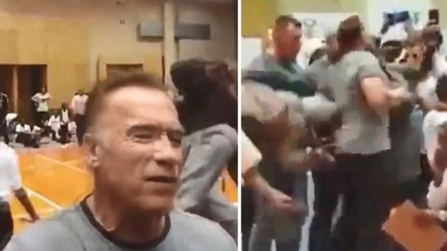 nl aktr Arnold Schwarzenegger'e tekmeli saldr