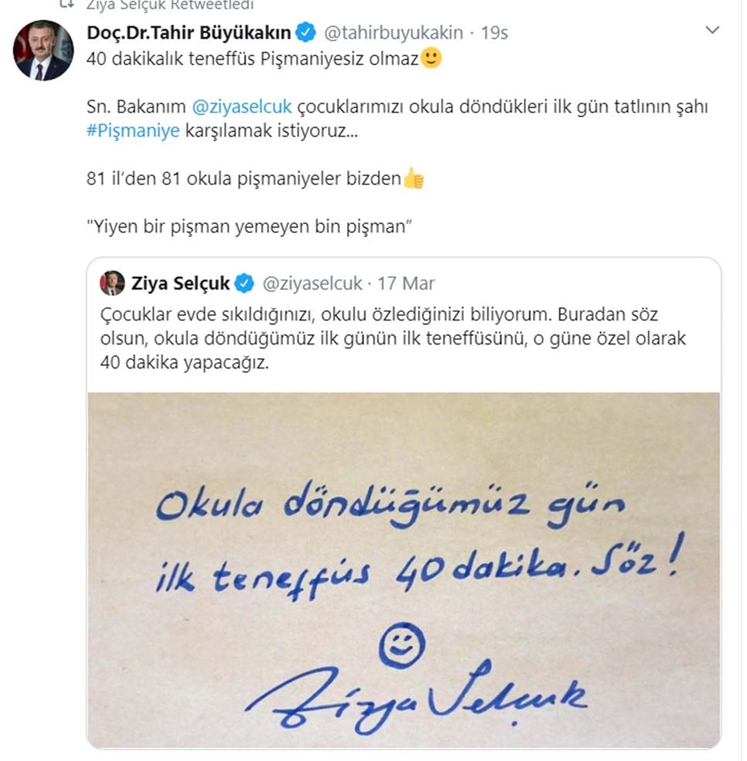 Bakan Seluk'un 40 dakikalk teneffs mjdesine destek yad: Kahramanmara'tan dondurma Kocaeli'nden pimaniye