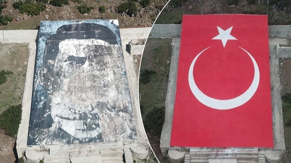Afrin'de TSK tarafndan imha edilen terristbann portresinin yerine Trk bayra izildi