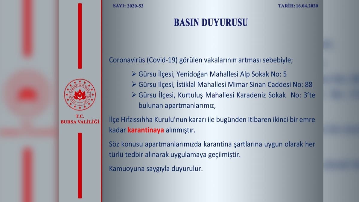 Bursa'da 3 apartman karantinaya alnd 