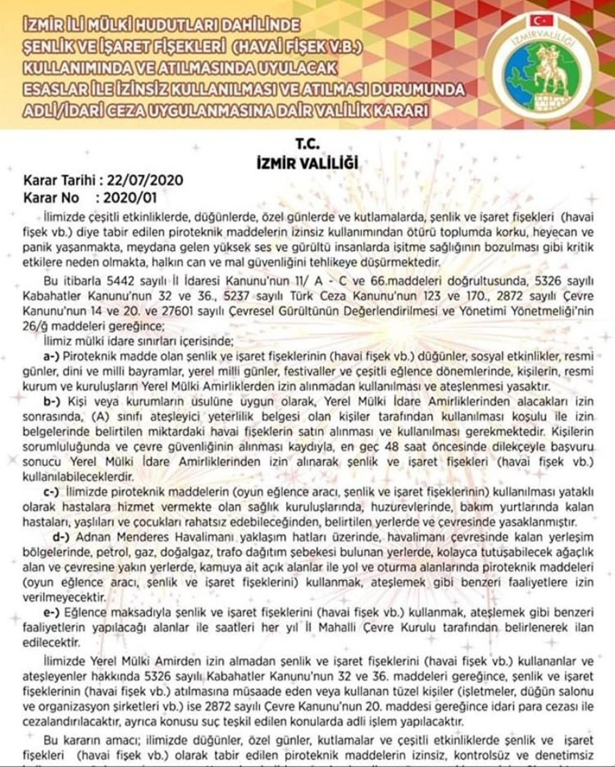 �zmir'de izinsiz havai fi�ek kullan�m� yasakland�