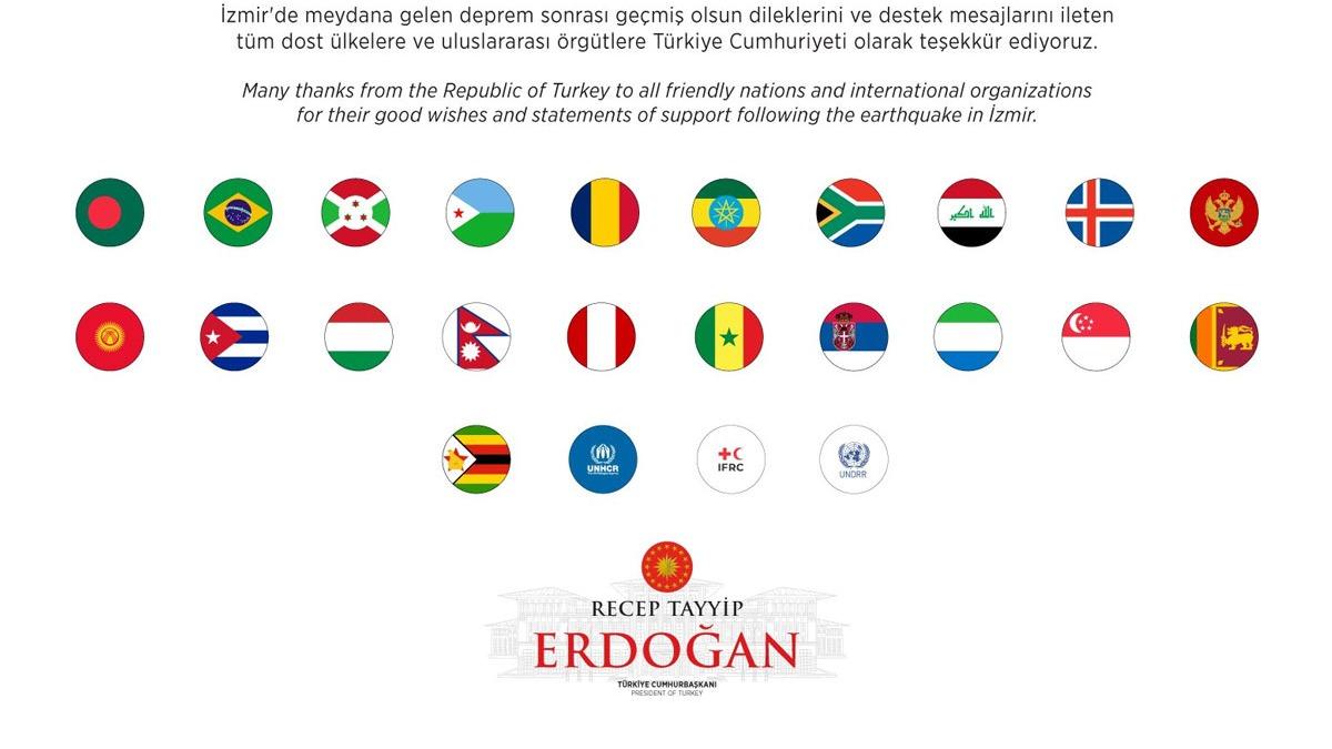 Cumhurbakan Erdoan, zmir'deki deprem nedeniyle dayanma mesaj veren lkelere teekkr etti