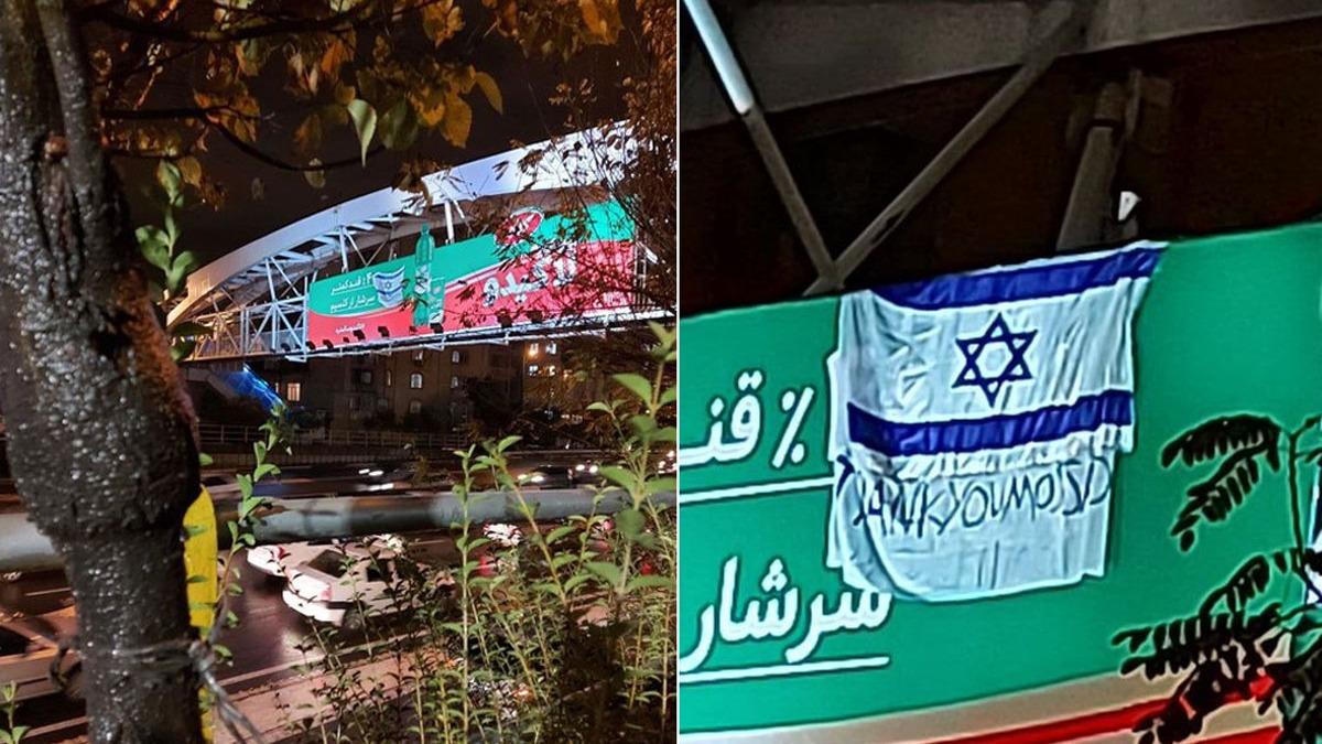 ran'daki bir st geide srail bayra ile ''teekkrler Mossad'' yazs asld