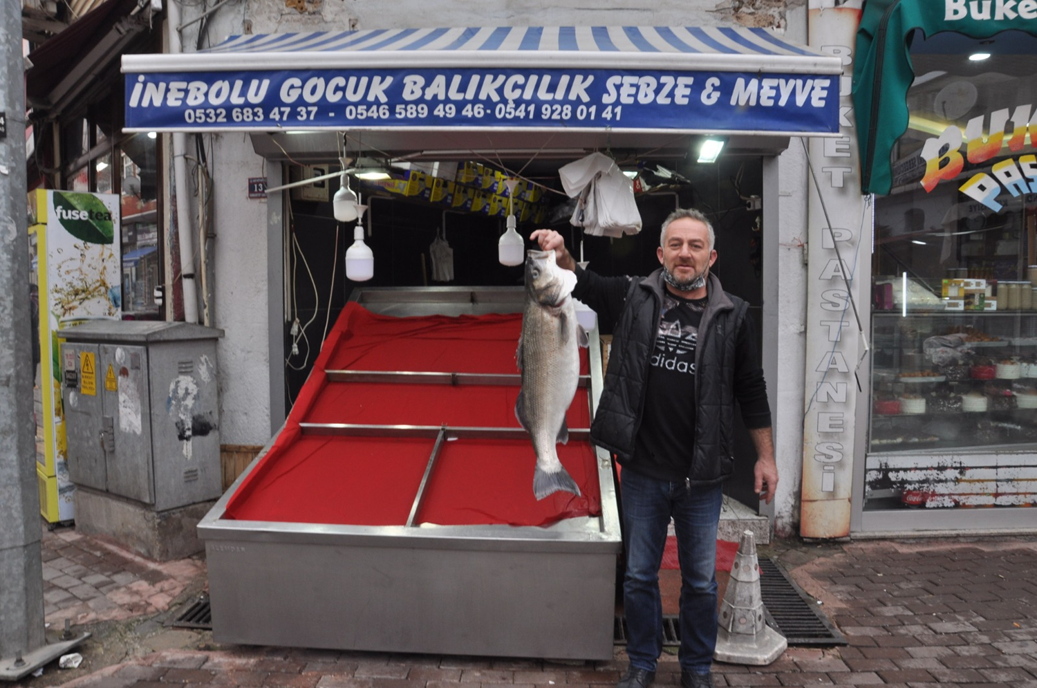 A�a tak�lan 14 kilograml�k levrek 1600 liradan al�c�s�n� bekliyor