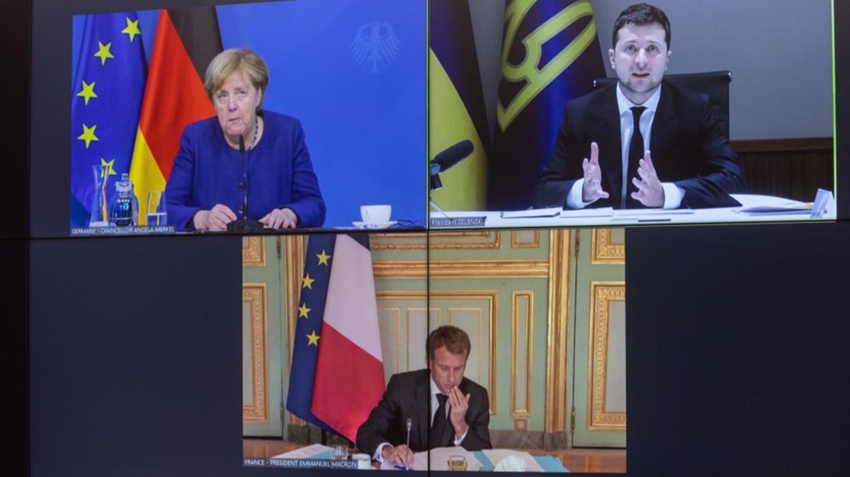 Ukrayna Devlet Bakan Zelenskiy, Macron ve Merkel ile evrim ii grt 