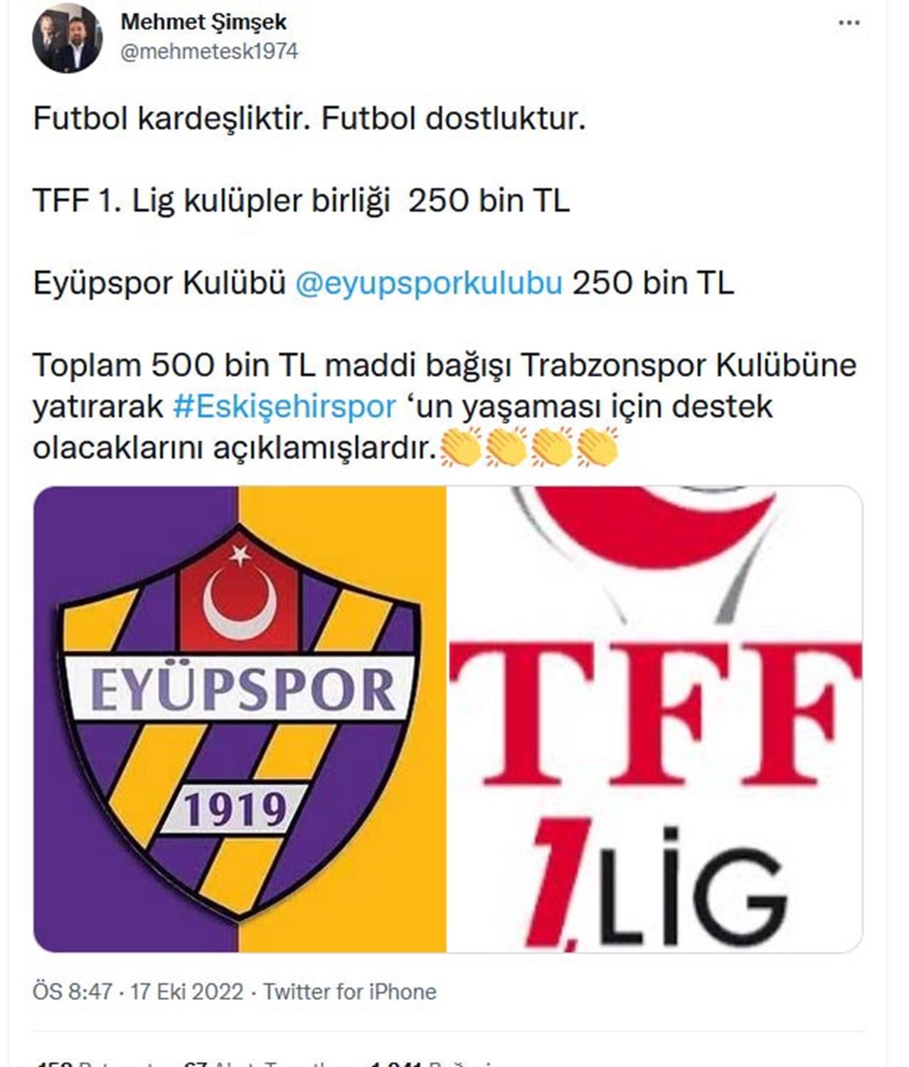 1. Lig Kul�pler Birli�i ve Ey�pspor'dan Eski�ehirspor'a 500 bin TL