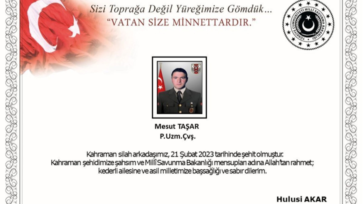 Bakan Akar: Kahraman silah arkadamz P.Uzm.v Mesut Taar ehit olmutur