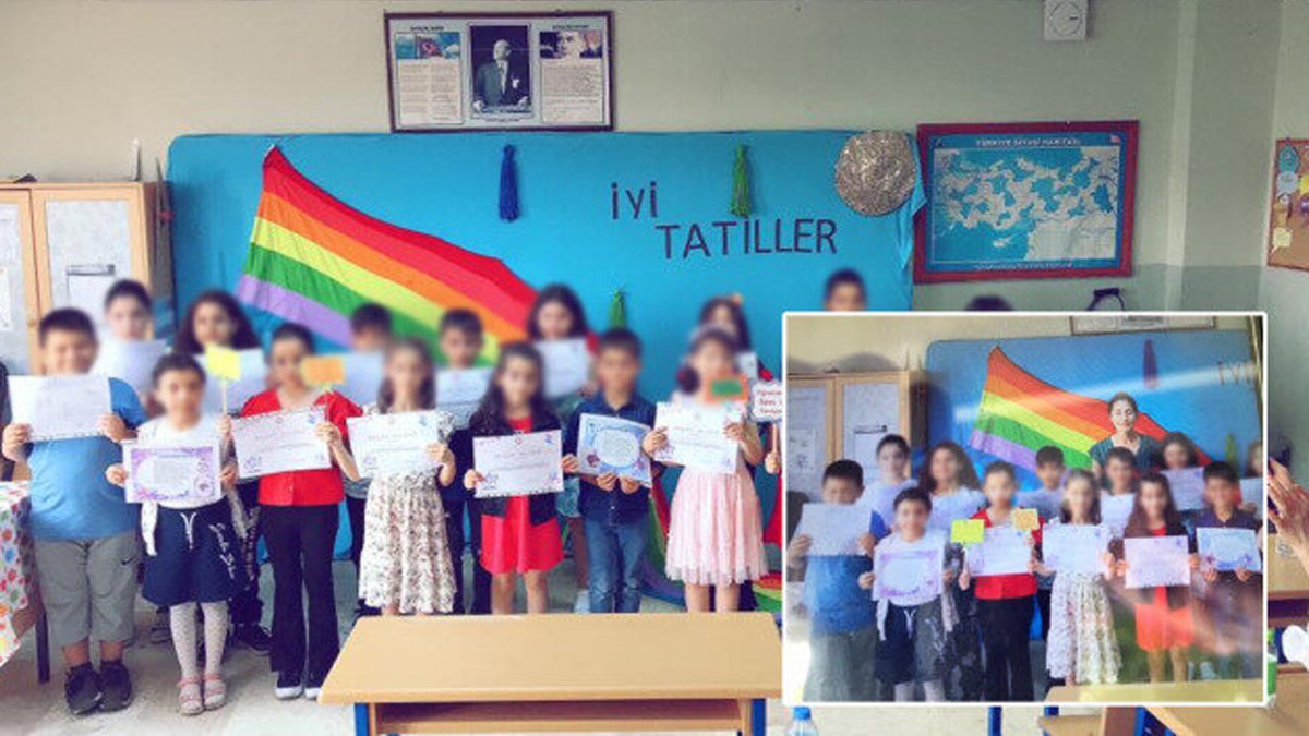 Karne gn ilkretim okulunda byk rezalet! ocuklar LGBT paavrasnn nne dizdiler
